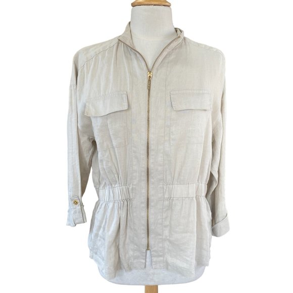 Ellen Tracy 100% Linen Jacket Oatmeal Tan Coastal Grandma Beach Cinch Resort-PL - Picture 16 of 16